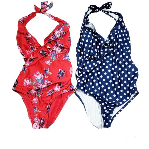 Modcloth Other - Lot of 2 Modcloth The Reese One Piece Swimsuit Red Floral Blue Polka Dot Size L